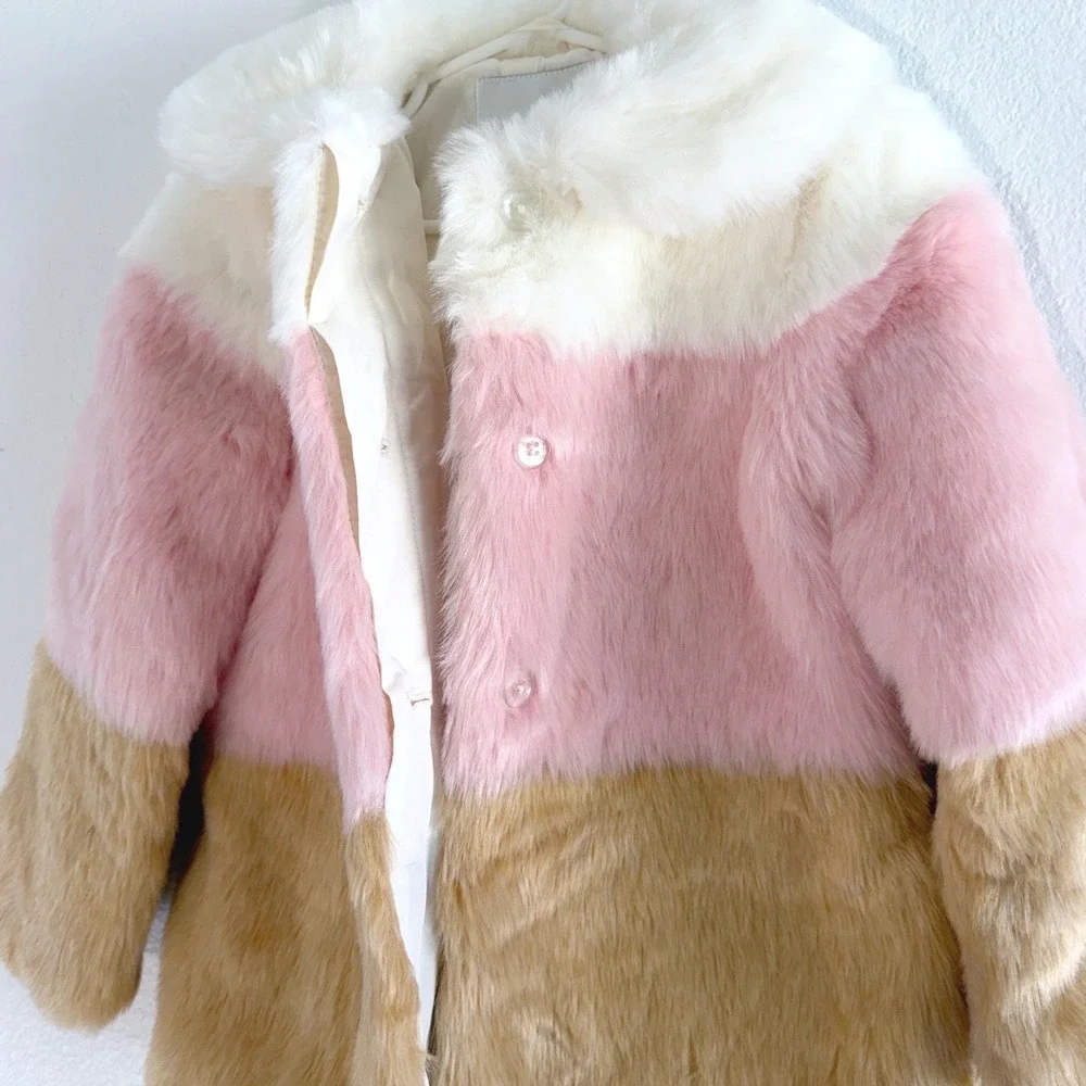 Janie and Jack Kids Pink Tan Cream‎ Colorblock Faux Fur Coat Jacket Size 3-4
